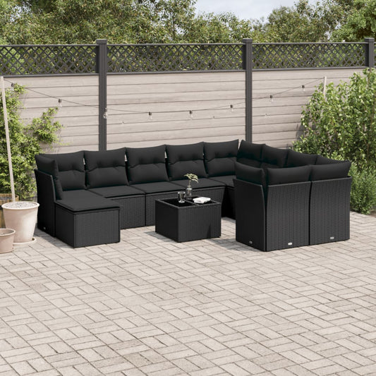 11-tlg. Garten-Sofagarnitur mit Kissen Schwarz Poly Rattan