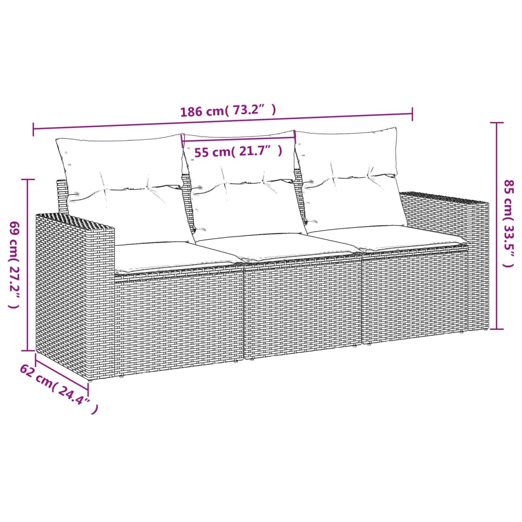 3-tlg. Garten-Sofagarnitur mit Kissen Beige Poly Rattan