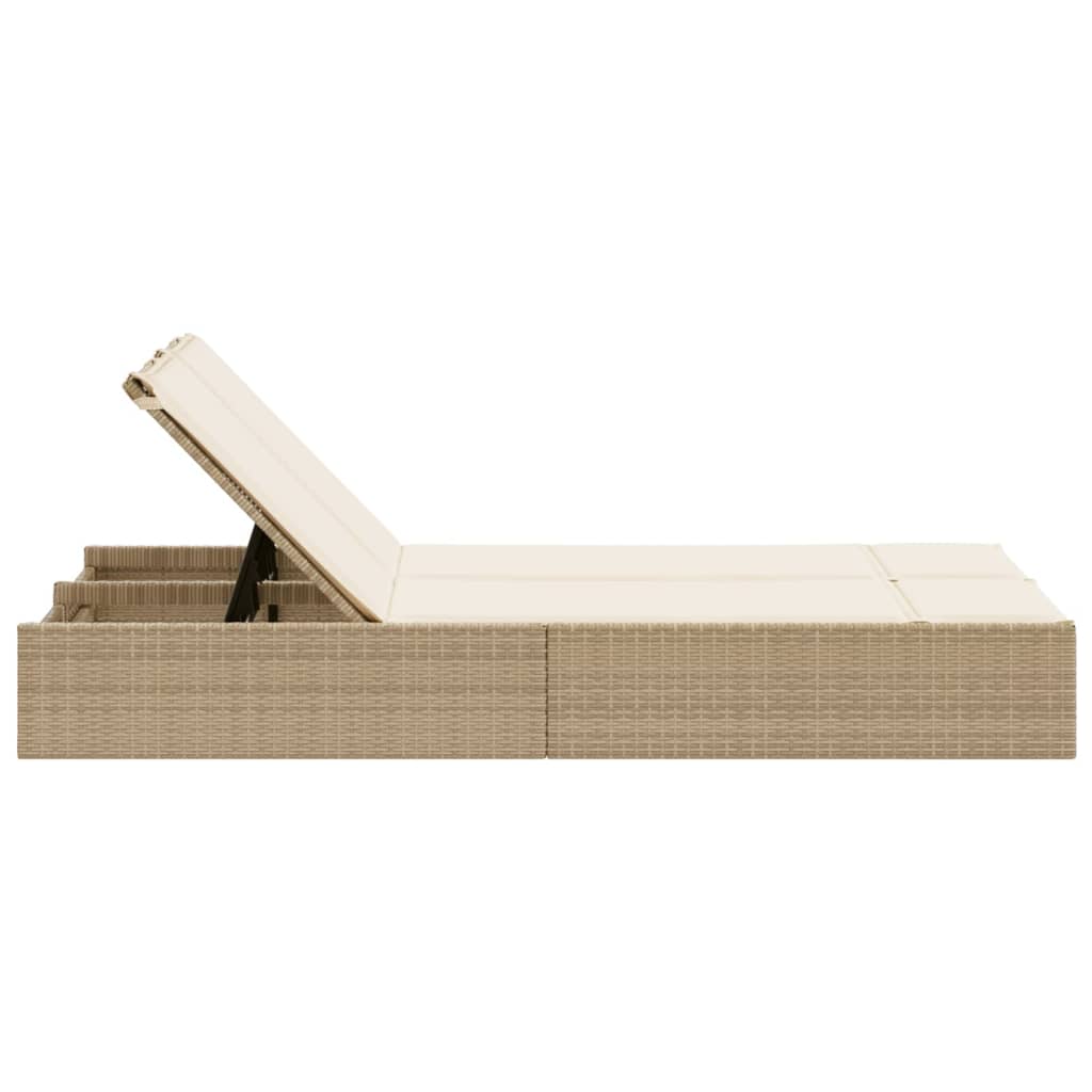 Doppel-Sonnenliege mit Auflagen Beige Poly Rattan