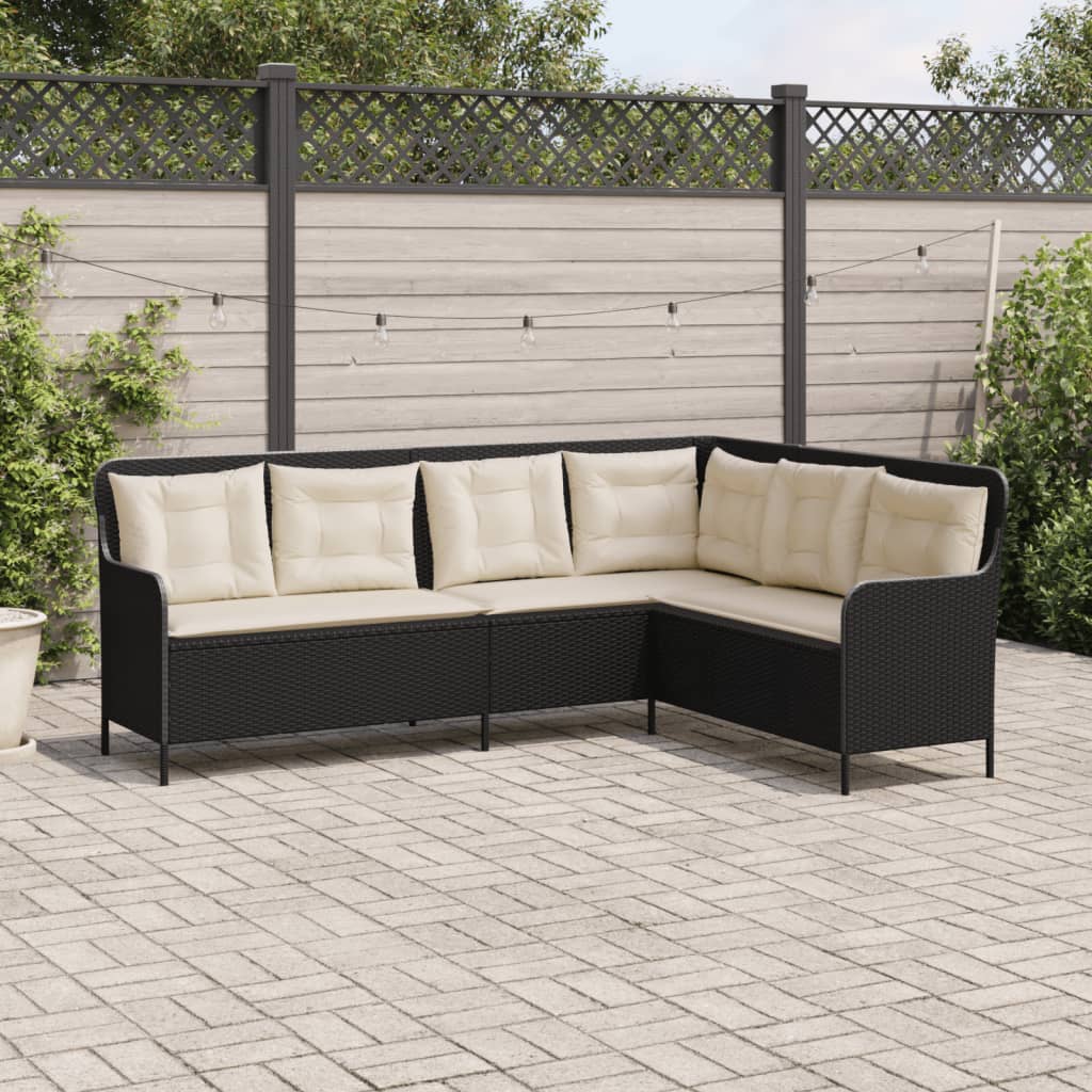 Gartensofa in L-Form mit Kissen Schwarz Poly Rattan