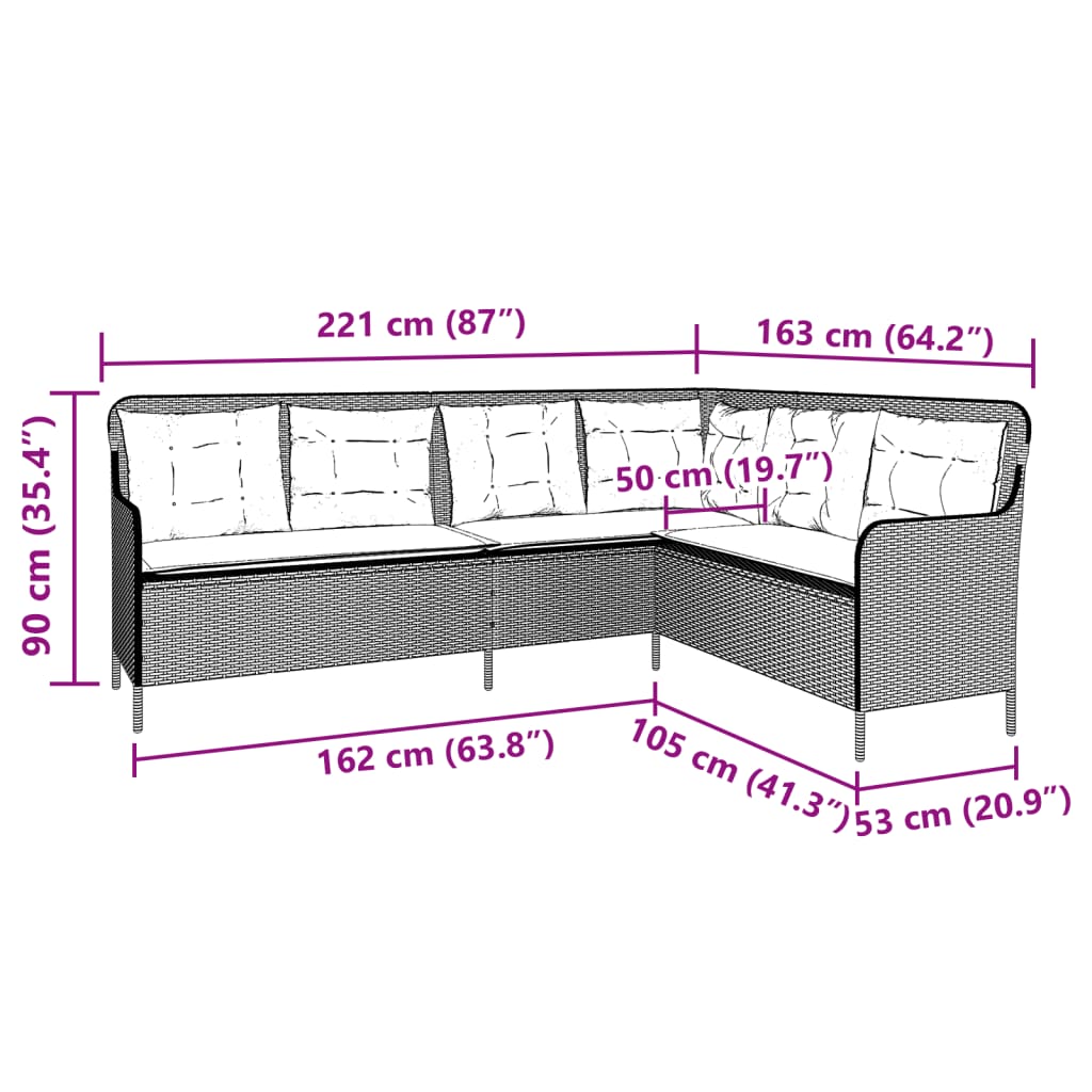 Gartensofa in L-Form mit Kissen Braun Poly Rattan