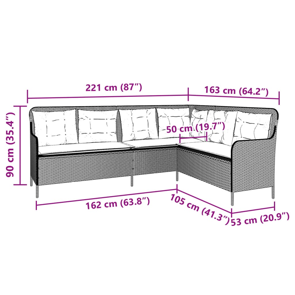 Gartensofa in L-Form mit Kissen Grau Poly Rattan