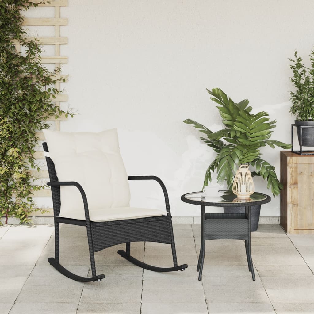 Garten-Schaukelstuhl mit Kissen Schwarz Poly Rattan