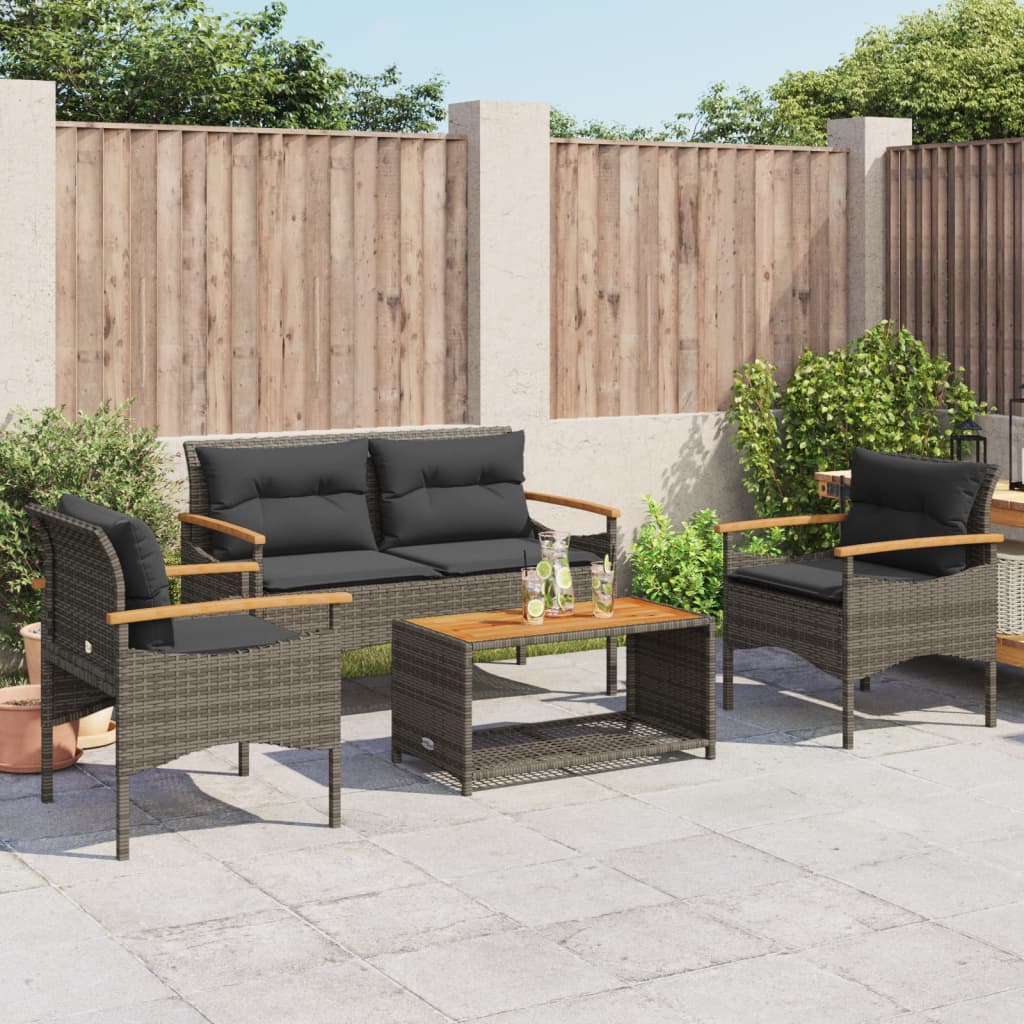 4-tlg. Garten-Sofagarnitur mit Kissen Grau Poly Rattan