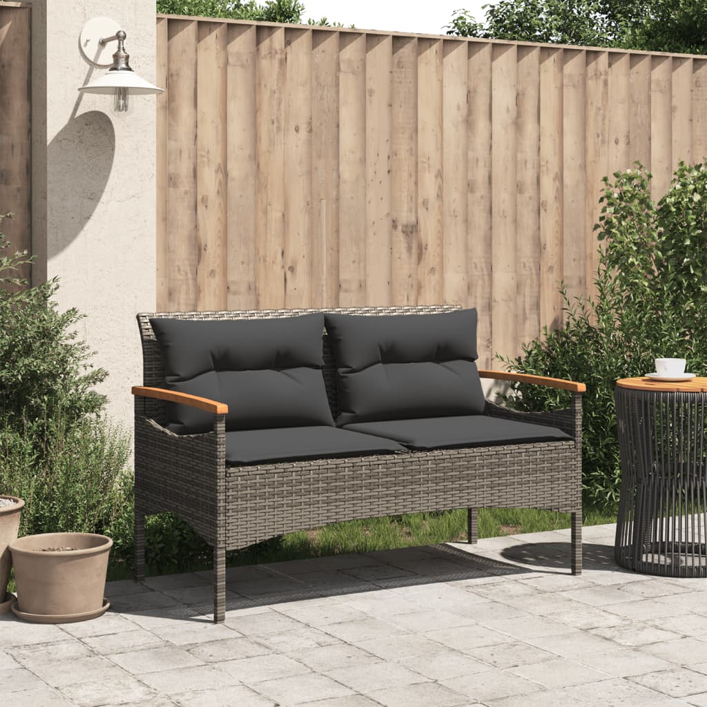 Gartenbank mit Kissen 116x62,5x74 cm Grau Poly Rattan