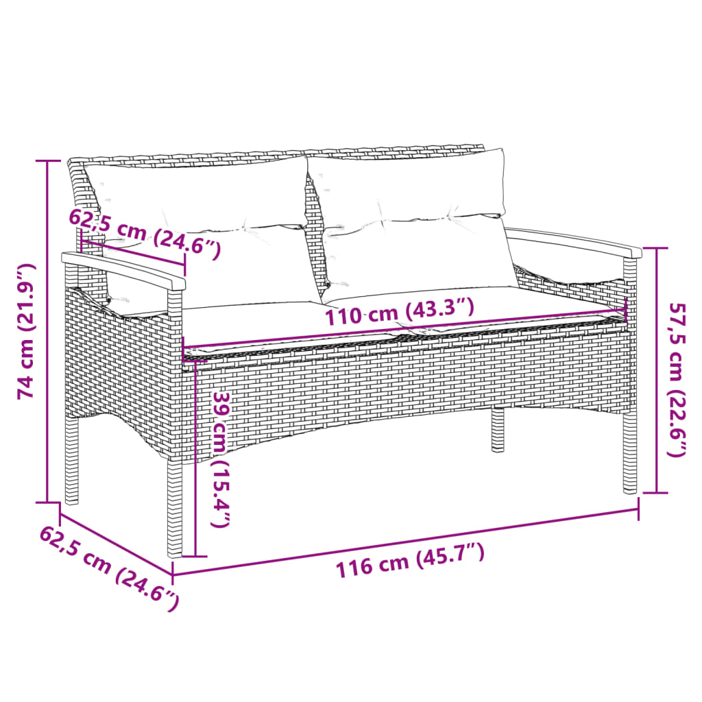 Gartenbank mit Kissen 116x62,5x74 cm Grau Poly Rattan