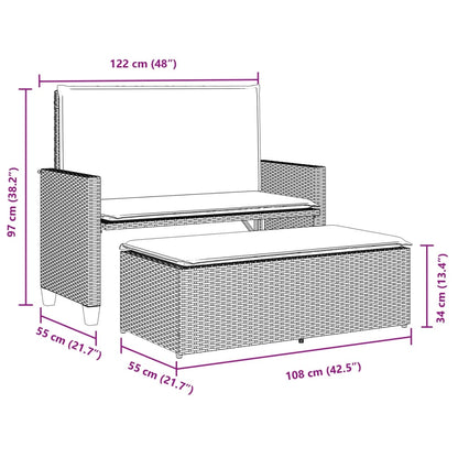 Gartenbank mit Kissen und Hocker Braun Poly Rattan