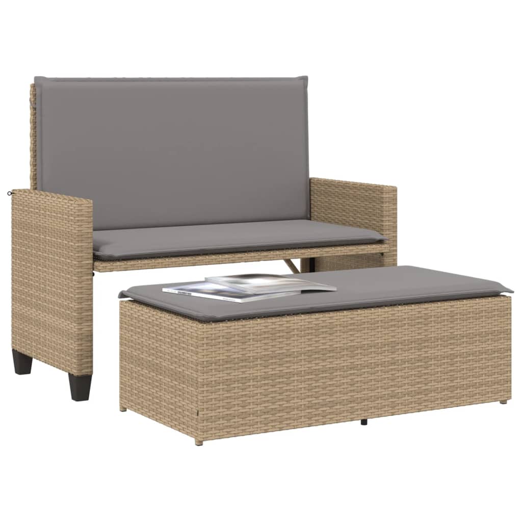 Gartenbank mit Kissen und Hocker Beige Poly Rattan