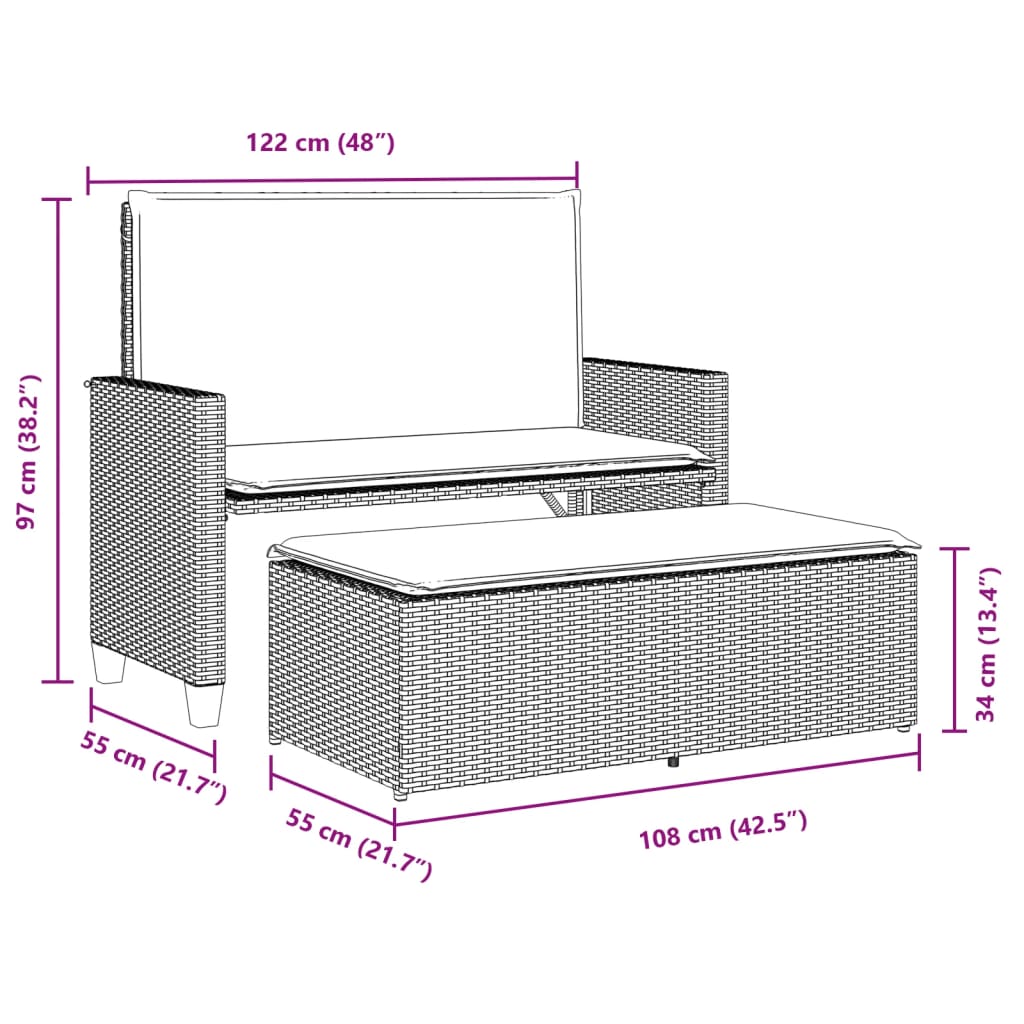 Gartenbank mit Kissen und Hocker Beige Poly Rattan