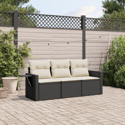 3-tlg. Garten-Sofagarnitur mit Kissen Schwarz Poly Rattan