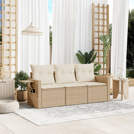 3-tlg. Garten-Sofagarnitur mit Kissen Beige Poly Rattan