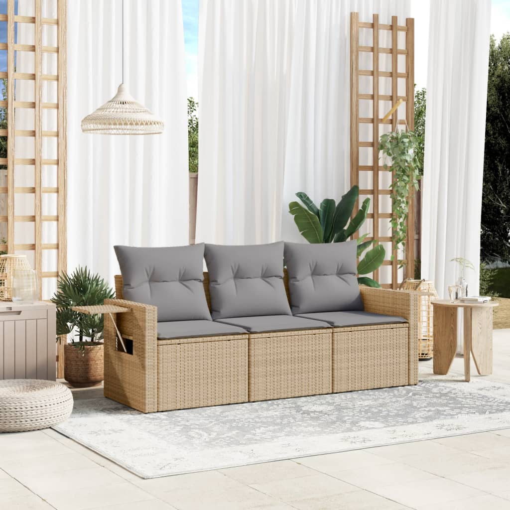 3-tlg. Garten-Sofagarnitur mit Kissen Beige Poly Rattan