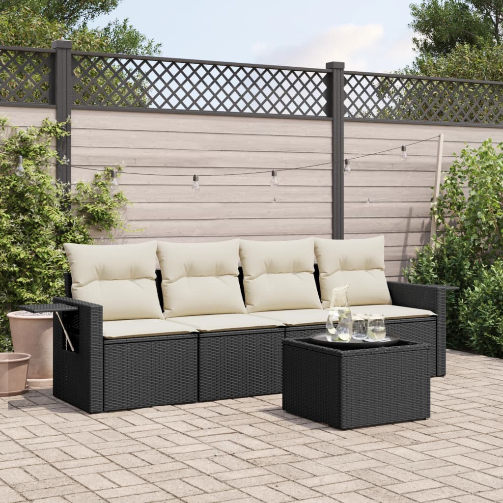 5-tlg. Garten-Sofagarnitur mit Kissen Schwarz Poly Rattan