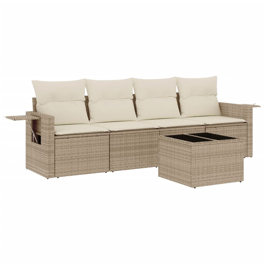 5-tlg. Garten-Sofagarnitur mit Kissen Beige Poly Rattan