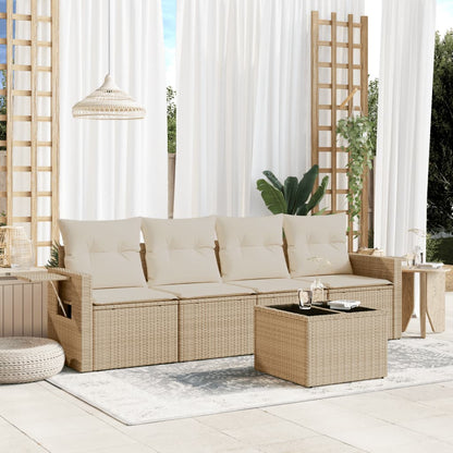 5-tlg. Garten-Sofagarnitur mit Kissen Beige Poly Rattan