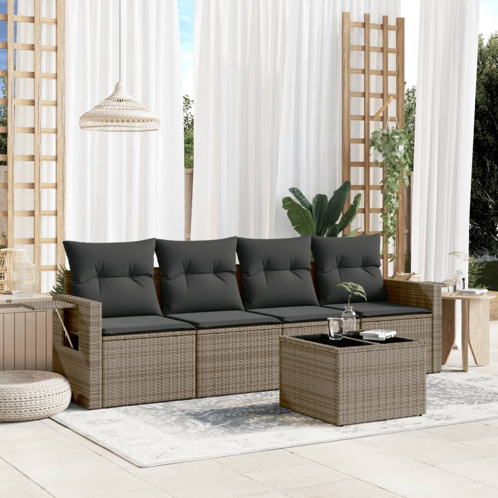 5-tlg. Garten-Sofagarnitur mit Kissen Grau Poly Rattan