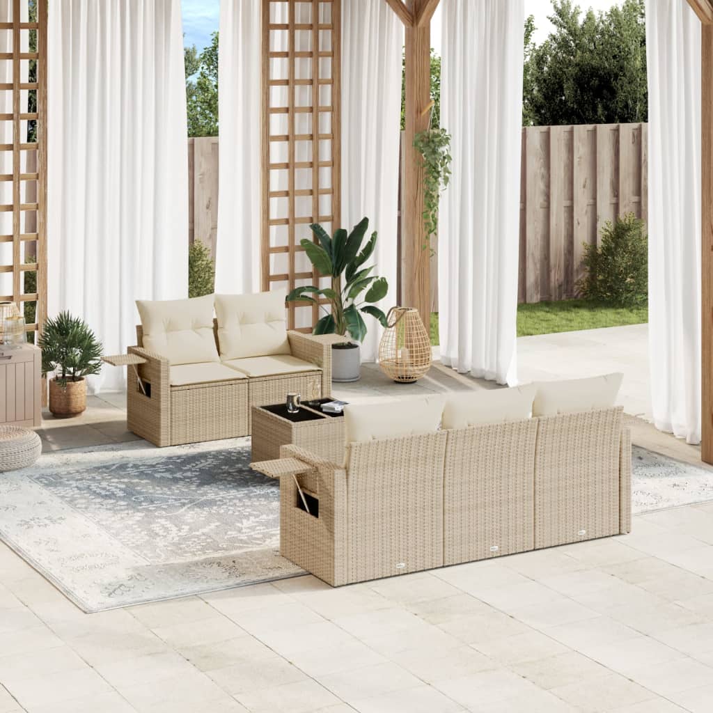 6-tlg. Garten-Sofagarnitur mit Kissen Beige Poly Rattan