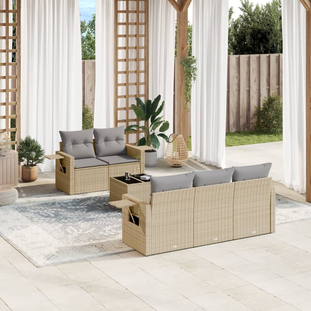 6-tlg. Garten-Sofagarnitur mit Kissen Beige Poly Rattan