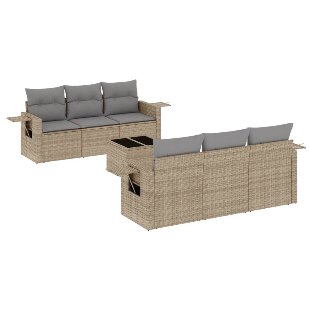 7-tlg. Garten-Sofagarnitur mit Kissen Beige Poly Rattan