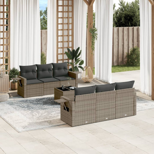 7-tlg. Garten-Sofagarnitur mit Kissen Grau Poly Rattan