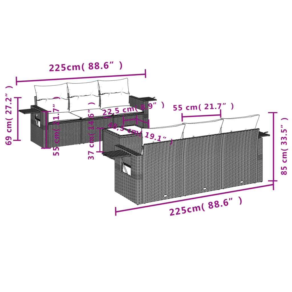 7-tlg. Garten-Sofagarnitur mit Kissen Hellgrau Poly Rattan