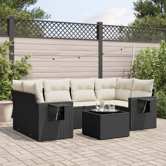 7-tlg. Garten-Sofagarnitur mit Kissen Schwarz Poly Rattan