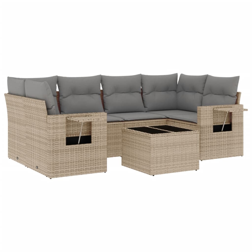 7-tlg. Garten-Sofagarnitur mit Kissen Beige Poly Rattan