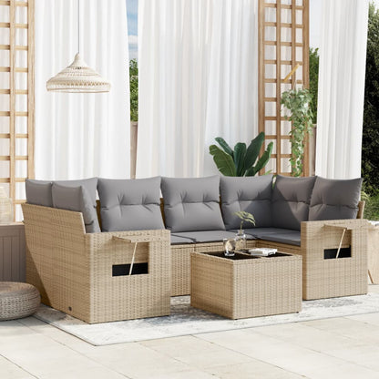 7-tlg. Garten-Sofagarnitur mit Kissen Beige Poly Rattan