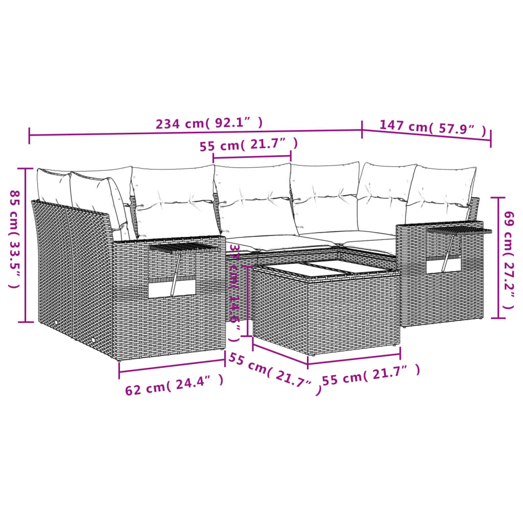 7-tlg. Garten-Sofagarnitur mit Kissen Grau Poly Rattan