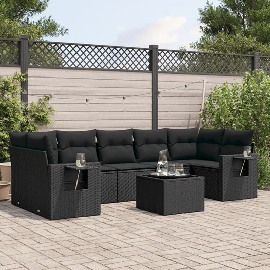 8-tlg. Garten-Sofagarnitur mit Kissen Schwarz Poly Rattan