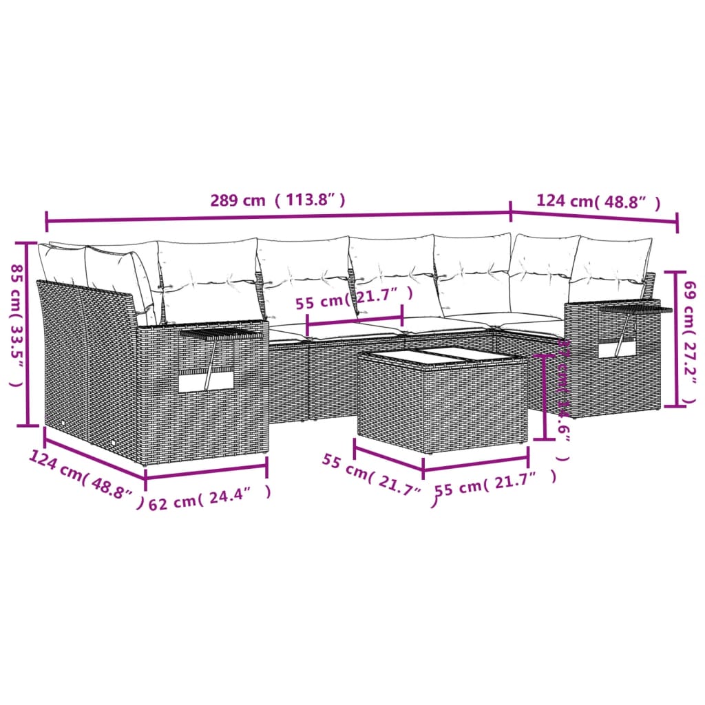 8-tlg. Garten-Sofagarnitur mit Kissen Schwarz Poly Rattan