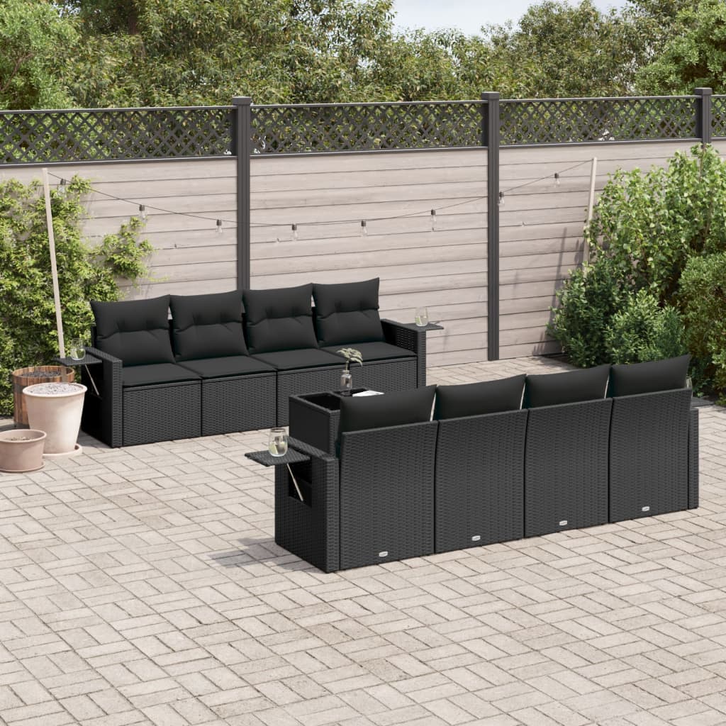 9-tlg. Garten-Sofagarnitur mit Kissen Schwarz Poly Rattan