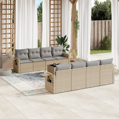 9-tlg. Garten-Sofagarnitur mit Kissen Beige Poly Rattan