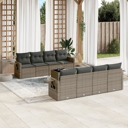 9-tlg. Garten-Sofagarnitur mit Kissen Grau Poly Rattan