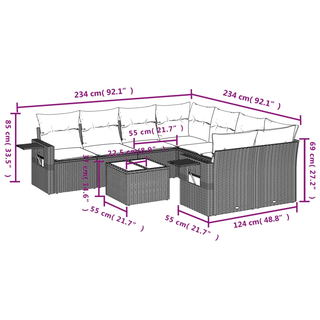 9-tlg. Garten-Sofagarnitur mit Kissen Schwarz Poly Rattan