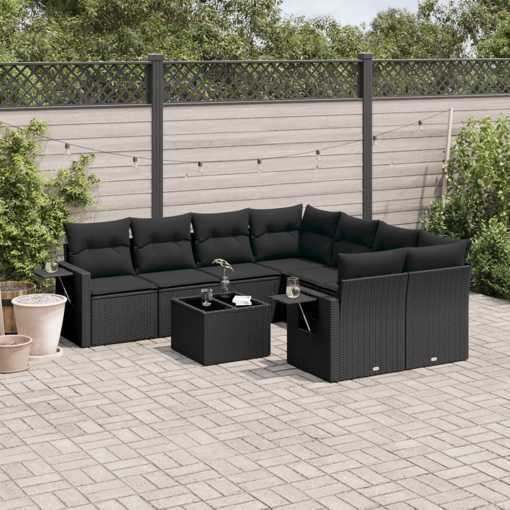 9-tlg. Garten-Sofagarnitur mit Kissen Schwarz Poly Rattan