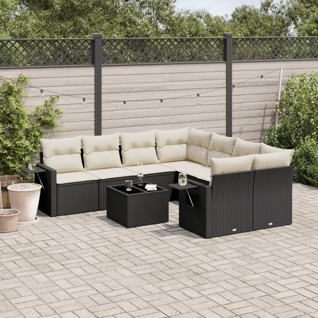 9-tlg. Garten-Sofagarnitur mit Kissen Schwarz Poly Rattan