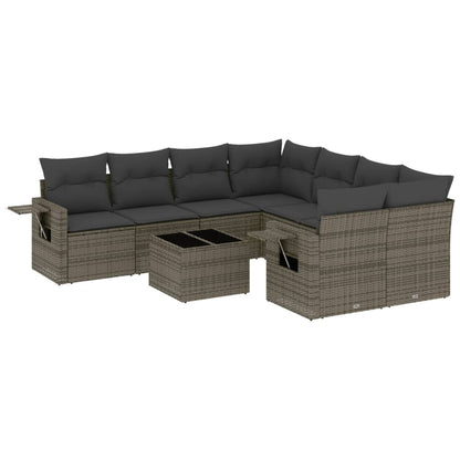 9-tlg. Garten-Sofagarnitur mit Kissen Grau Poly Rattan