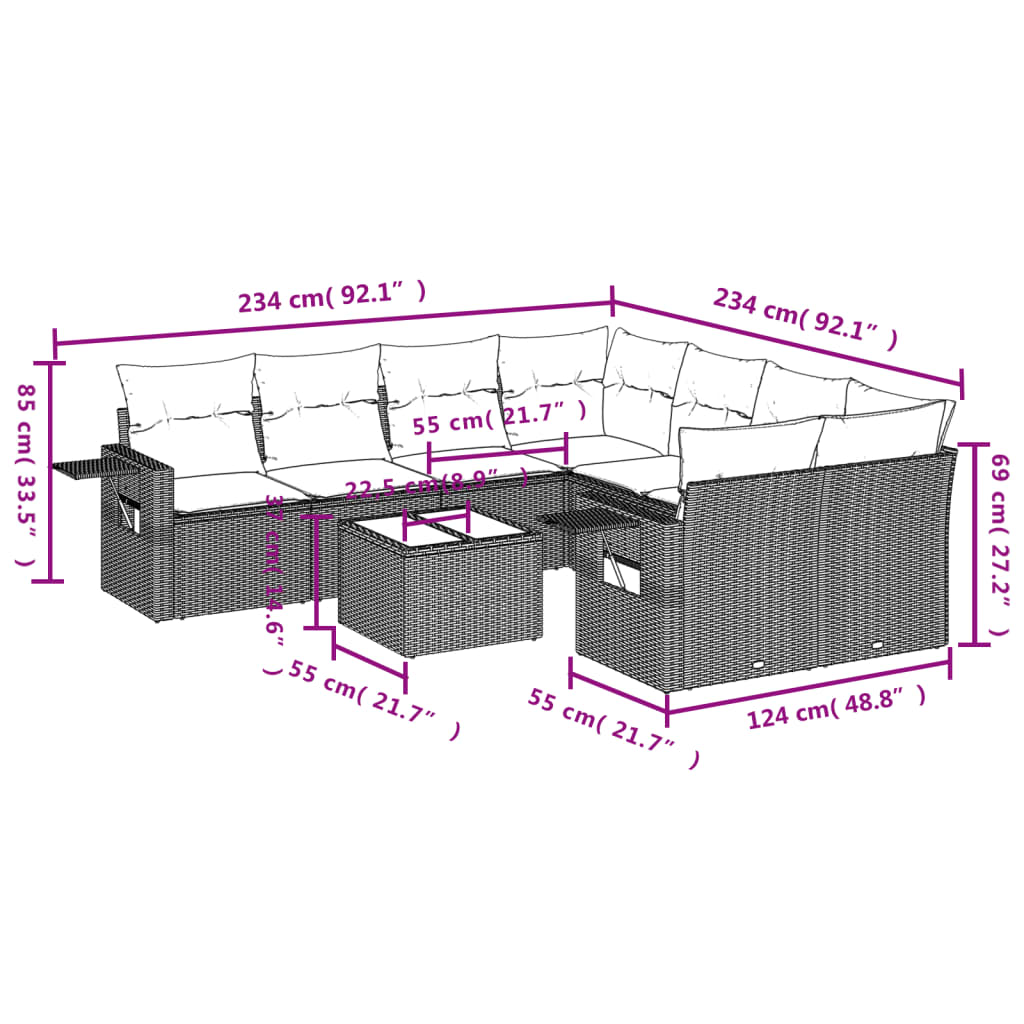 9-tlg. Garten-Sofagarnitur mit Kissen Grau Poly Rattan