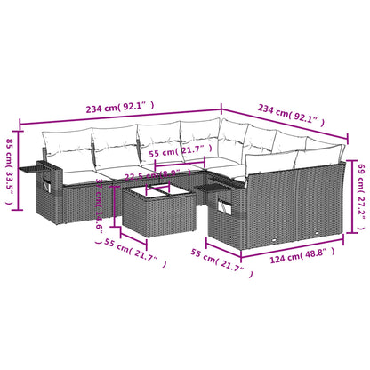 9-tlg. Garten-Sofagarnitur mit Kissen Grau Poly Rattan