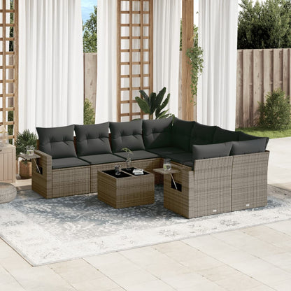 9-tlg. Garten-Sofagarnitur mit Kissen Grau Poly Rattan