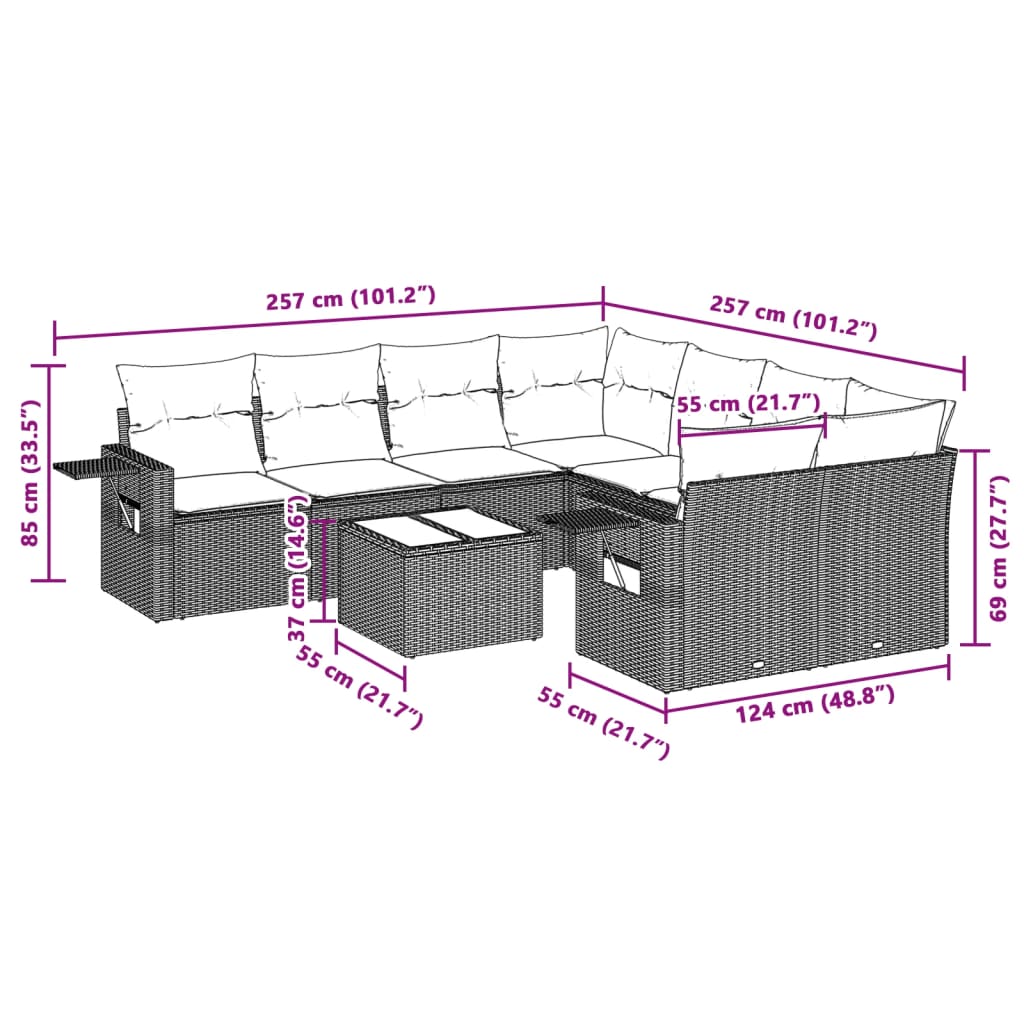 9-tlg. Garten-Sofagarnitur mit Kissen Hellgrau Poly Rattan