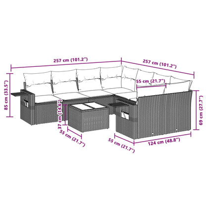 9-tlg. Garten-Sofagarnitur mit Kissen Hellgrau Poly Rattan