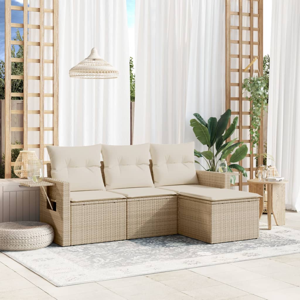 4-tlg. Garten-Sofagarnitur mit Kissen Beige Poly Rattan