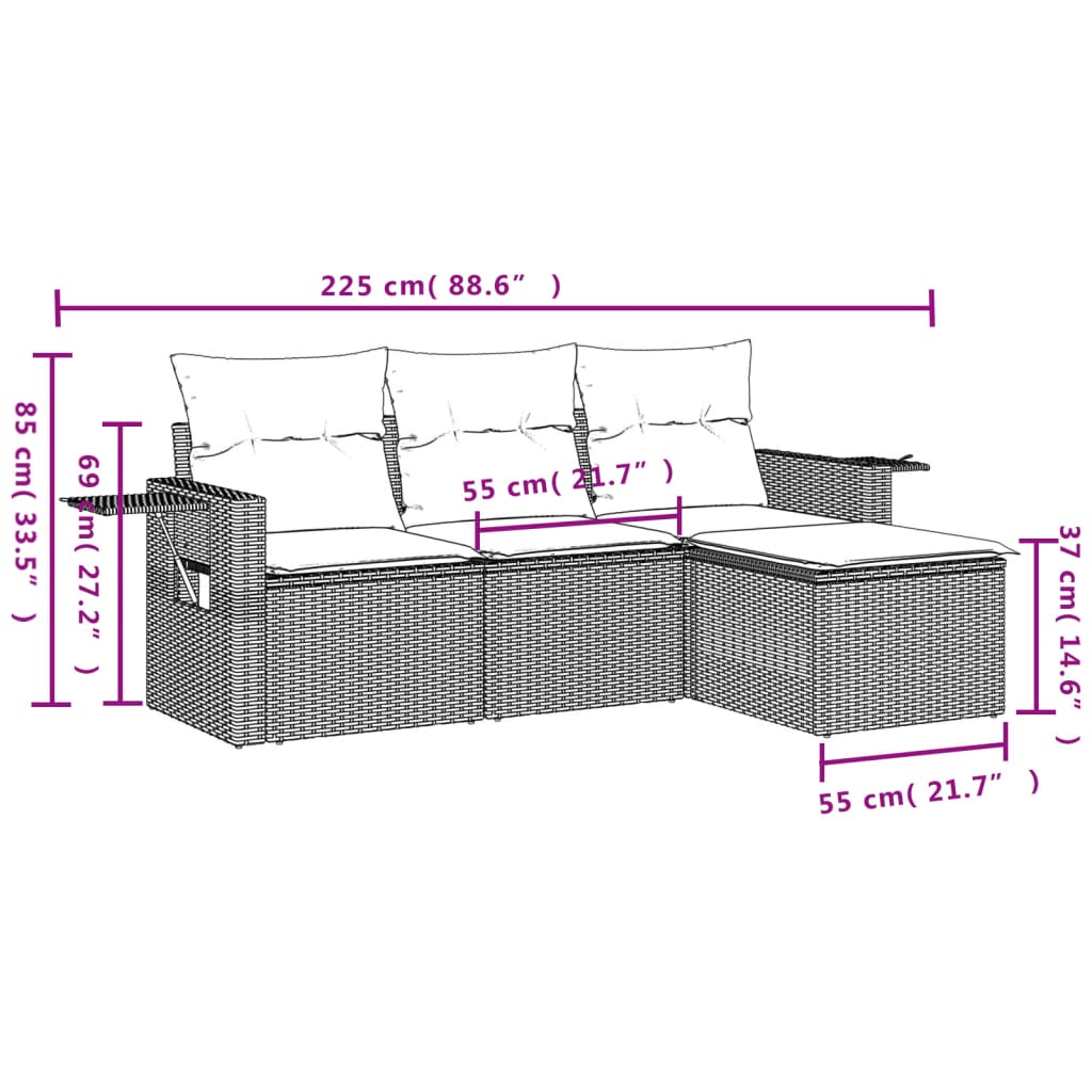 4-tlg. Garten-Sofagarnitur mit Kissen Beige Poly Rattan