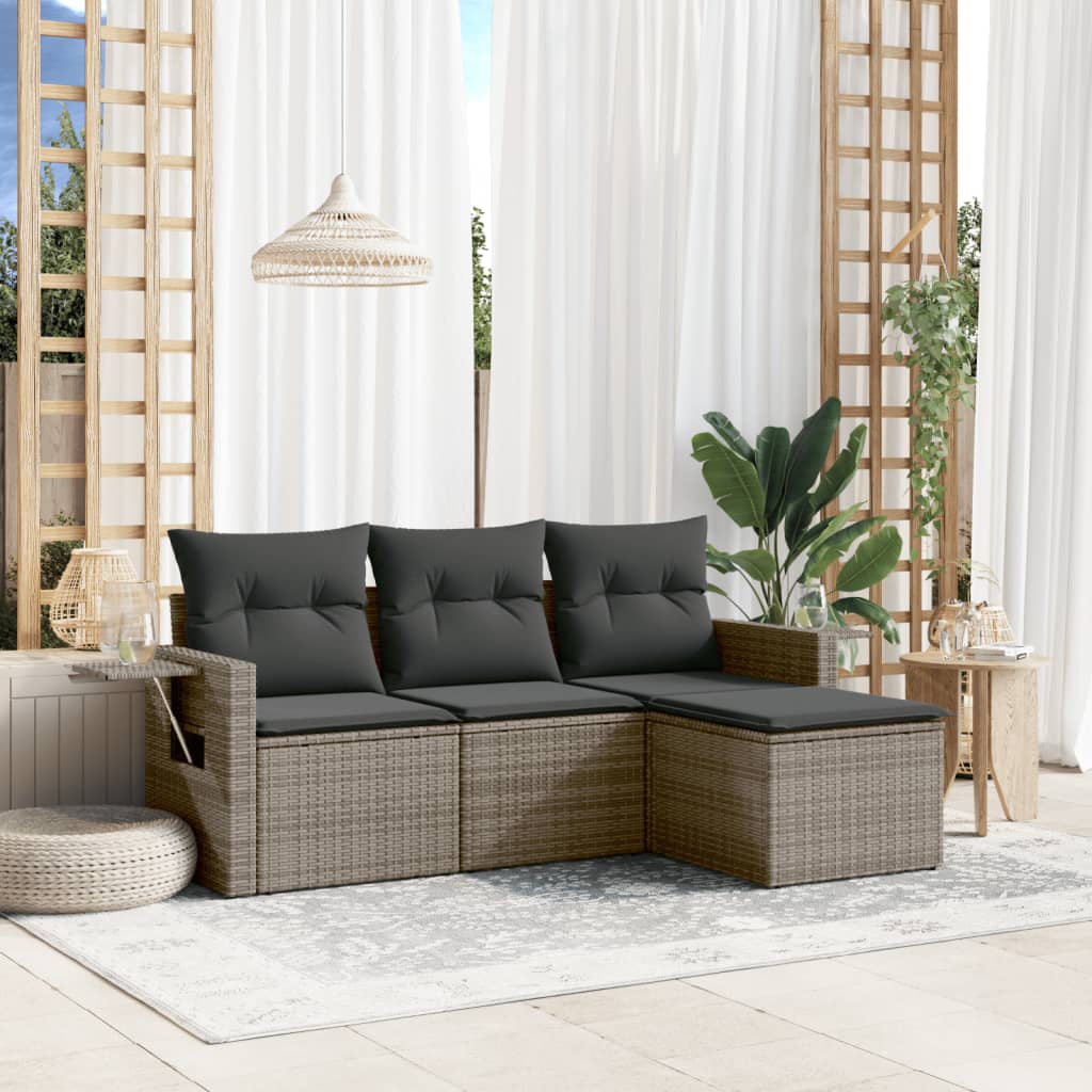 4-tlg. Garten-Sofagarnitur mit Kissen Grau Poly Rattan