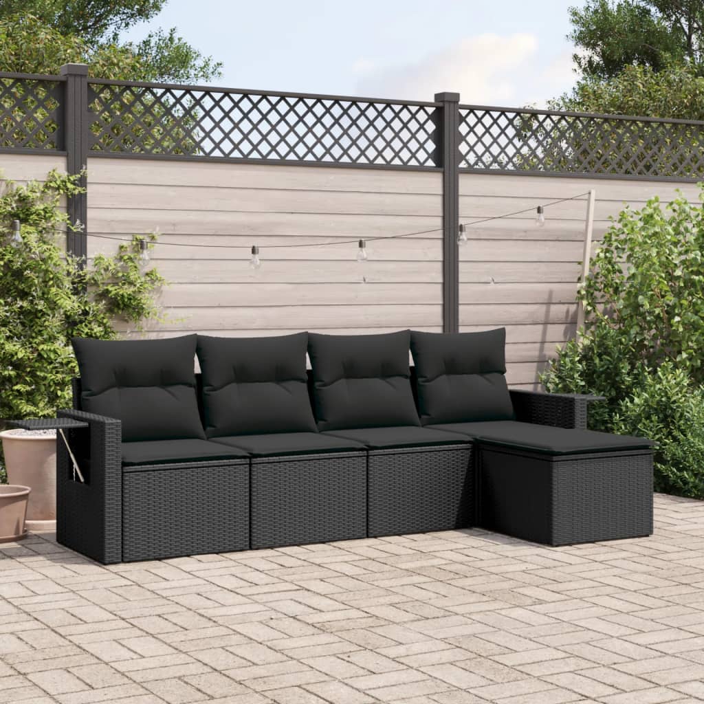 5-tlg. Garten-Sofagarnitur mit Kissen Schwarz Poly Rattan