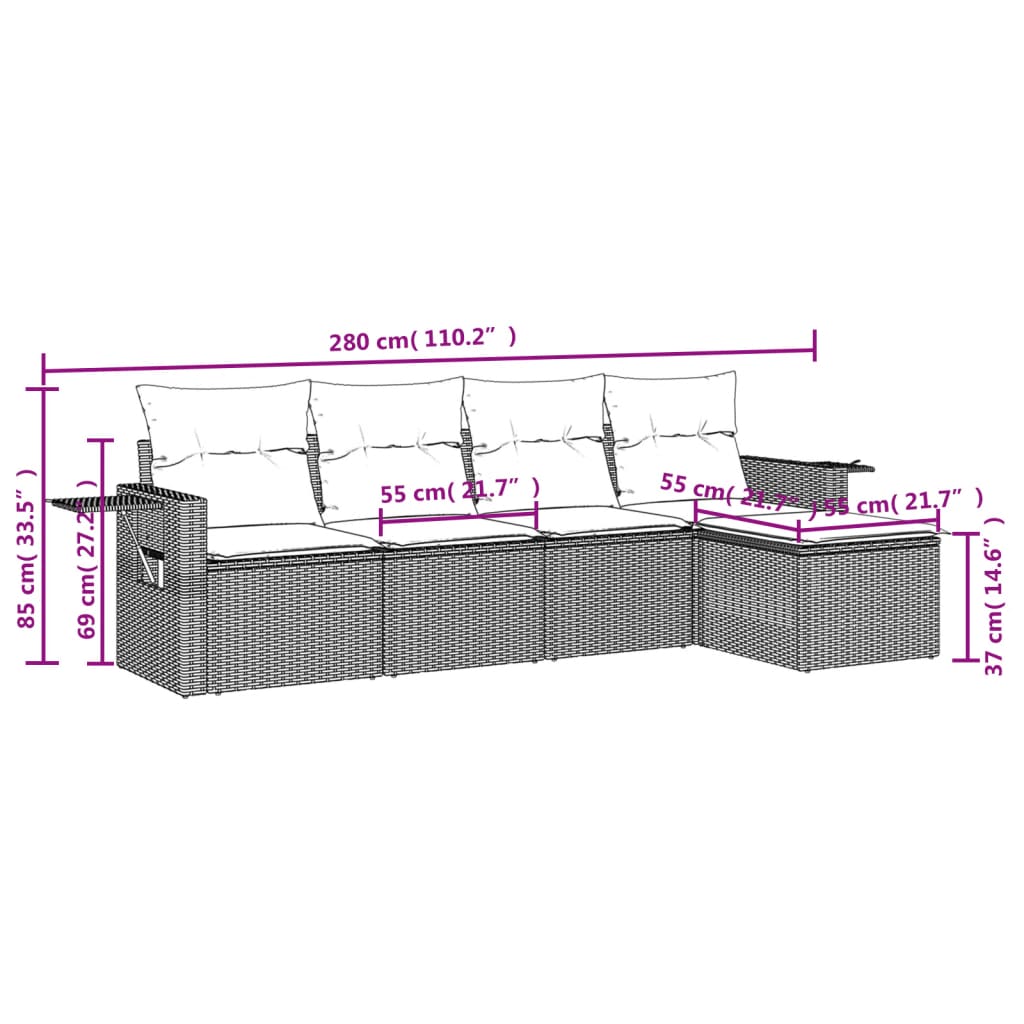 5-tlg. Garten-Sofagarnitur mit Kissen Grau Poly Rattan