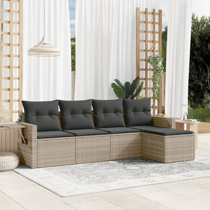 5-tlg. Garten-Sofagarnitur mit Kissen Hellgrau Poly Rattan