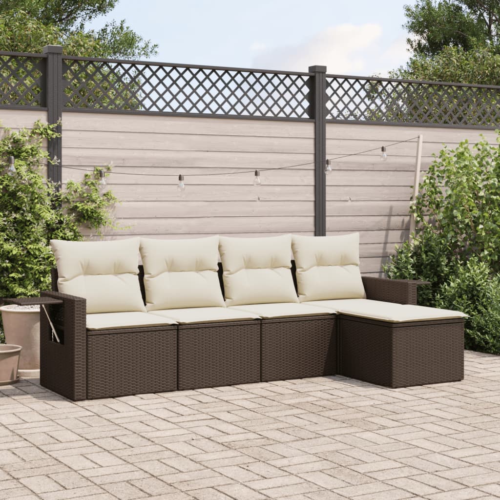 5-tlg. Garten-Sofagarnitur mit Kissen Braun Poly Rattan